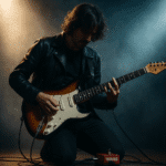 guitarrista usando pedal de trémolo en escenario