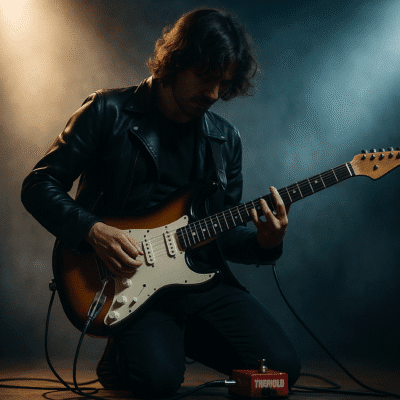 guitarrista usando pedal de trémolo en escenario