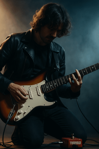 guitarrista usando pedal de trémolo en escenario