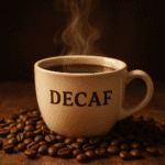 Taza de café descafeinado sobre fondo oscuro con granos de café alrededor