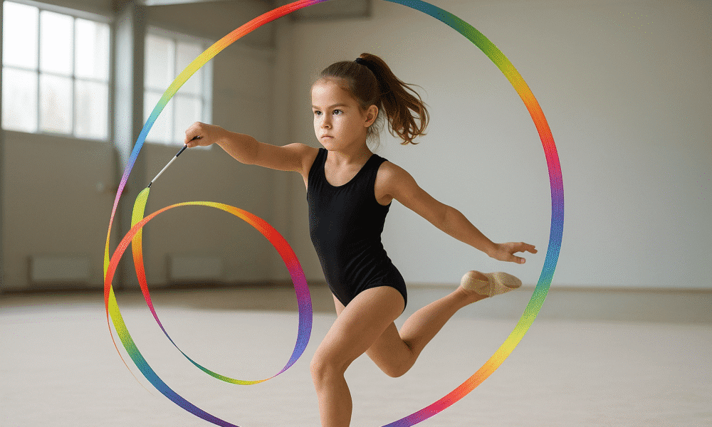 Niña haciendo gimnasia rítmica con cinta en un gimnasio iluminado