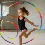 Niña haciendo gimnasia rítmica con cinta en un gimnasio iluminado